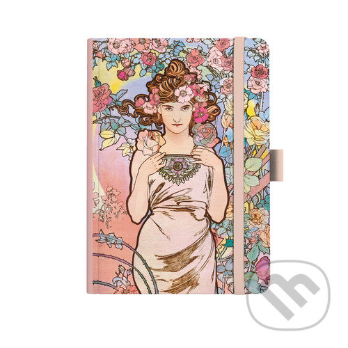 Notes A5 Premium Alfons Mucha 2027 linky Růžový (Baloušek). Baloušek, 2026