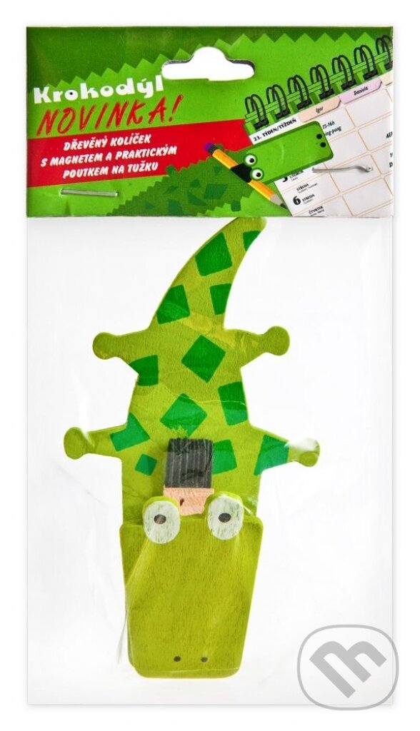 Levně Krokodýl - dřevěný kolíček s magnetem a poutkem na tužku
