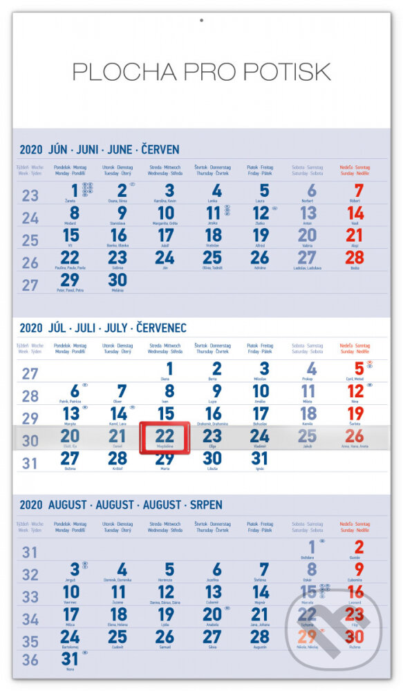 Nástenný kalendár 3mesačný štandard 2020 modrý, Presco Group, 2019