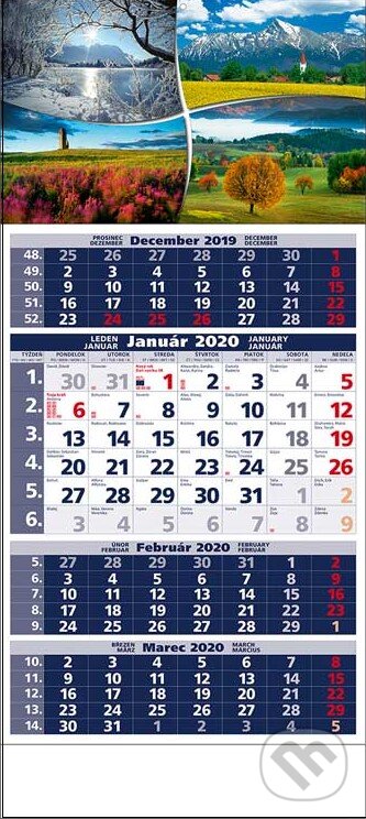 Štandard 4-mesačný modrý nástenný kalendár 2020 s motívm štyroch ročných období, Spektrum grafik, 2019