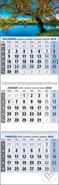 Klasik 3-mesačný modrý nástenný kalendár 2020 s motívom jazera, Spektrum grafik, 2019