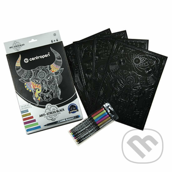 Levně Centropen Černé antistresové omalovánky + 6 metalických popisovačů