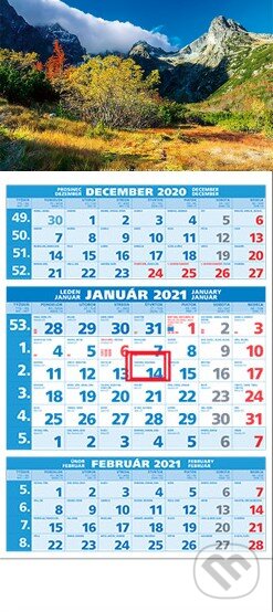 Štandard 3-mesačný modrý nástenný kalendár 2021 - hory, Spektrum grafik, 2020