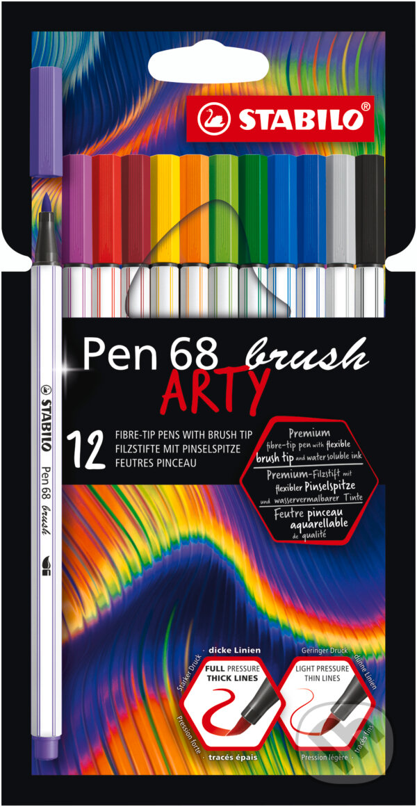 Levně STABILO Pen 68 brush - ARTY - balenie 12 ks (Prémiový vláknový fix s hrotom štetca pre rôzne šírky čiary)