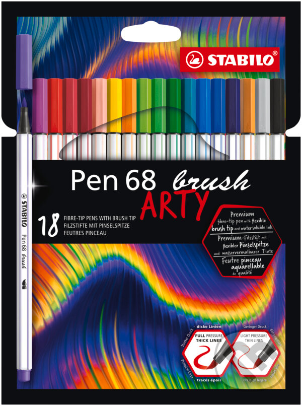 Levně STABILO Pen 68 brush - ARTY - balenie 18 ks (Prémiový vláknový fix s hrotom štetca pre rôzne šírky čiary)
